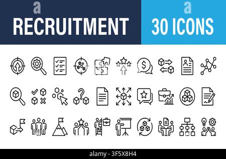 Set di 30 icone lineari piatte di reclutamento e risorse umane per le aziende Illustrazione Vettoriale