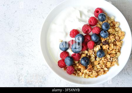 Yogurt con granola e lampone e mirtillo in ciotola flat lay spazio di copia Foto Stock