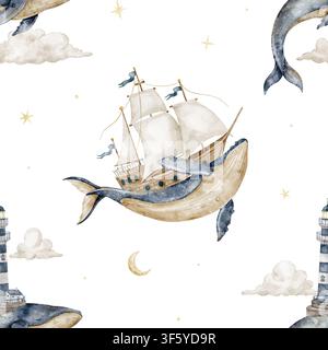 Motivo senza cuciture ad acquerello con balena, barca a vela e faro isolati su sfondo. Ripetizione nautica con barca a vela, stelle e faro per bambini Foto Stock