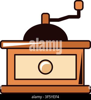 Icona di macinacaffè con macina manuale per chicchi di caffè freschi, attrezzatura da barista, branding del caffè, confezione, adesivo, applicazione mobile, interfaccia del sito web Illustrazione Vettoriale