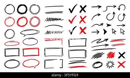 Set di icone schizzo composto da 12 elementi di design disegnati a mano con frecce, simboli, scarabocchi e segni di enfasi Illustrazione Vettoriale