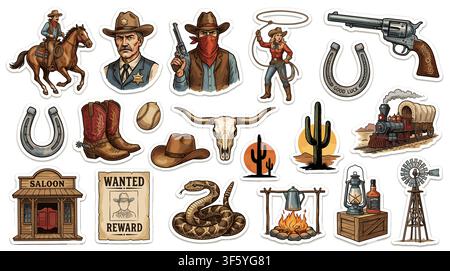 Collezione dettagliata di flash tattoo da cowboy e cowgirl occidentali con elementi vintage del Far West come teschi, cactus, stivali e distintivi da sceriffo.. Illustrazione Vettoriale