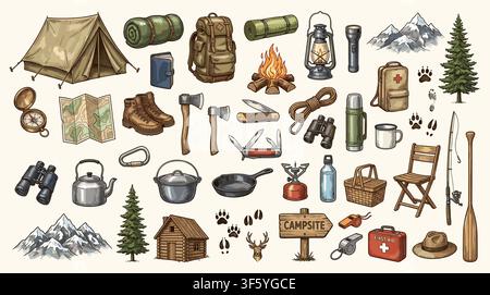 Collezione di icone di scarabocchi bianchi e neri disegnati a mano che rappresentano vari attrezzi per avventure all'aperto e campeggio Illustrazione Vettoriale