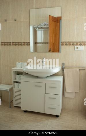 Configurazione contemporanea del bagno con un lavandino bianco su un mobile, un grande specchio sopra e un portasciugamani, che mostra uno spazio pulito e organizzato Foto Stock