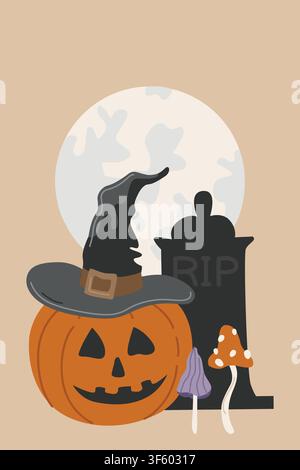 Biglietto di Halloween disegnato a mano con lanterna jack-o'-lanterna, cappello da strega, luna e lapide per inviti a feste stagionali o poster Illustrazione Vettoriale