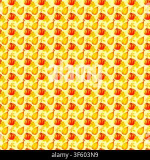 Rendering 3D di zucche arancioni, zucche decorative e foglie cadenti disposte in un motivo autunnale luminoso e senza cuciture. Foto Stock