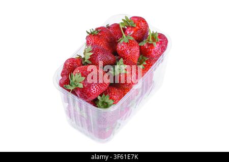 Fragole fresche e mature in vassoio trasparente o scatola di plastica, contenitore isolato su sfondo bianco. Bacche dolci e succose pronte per uno spuntino sano Foto Stock