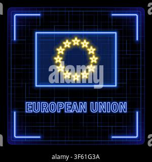 Simbolo della bandiera dell'Unione europea. Concetto di dati cyber tecnologici, collezione di bandiere con tratti modificabili, design neon luminoso. Illustrazione Vettoriale