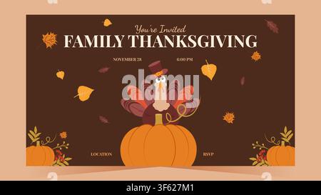 Tacchino carino con zucche e ghirlanda autunnale per un invito a una cena del Ringraziamento. Ideale per biglietti di auguri, eventi di festa e design di stampa, illustrazione vettoriale. Illustrazione Vettoriale
