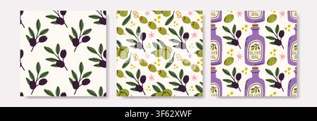 Set di tre motivi senza cuciture con olive verdi e nere su rami, snack allo spiedo e bottiglie di olio d'oliva in stile doodle piatto. Illustrazione Vettoriale