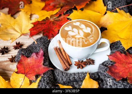 Vista dall'alto di una tazza bianca di cappuccino con LOVE scritto in latte art, posizionata su una sciarpa di lana grigia e accogliente con foglie d'acero autunnali colorate, cannella, Foto Stock