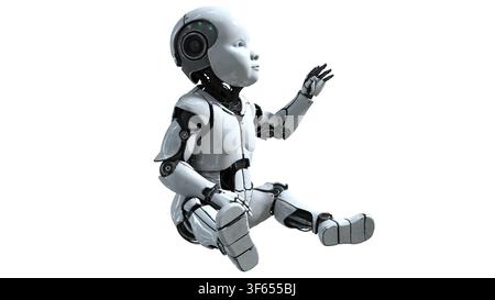 Simpatico robot bambino futuristico seduto, concetto di androide umanoide, tecnologia fantascientifica, ingegneria digitale, progettazione meccanica, educazione STEM Foto Stock
