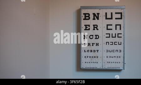 Tabella di test oculare Snellen vintage con lettere e simboli Landolt C montata su una parete semplice — Concetto di optometria, test della vista e salute oculare Foto Stock