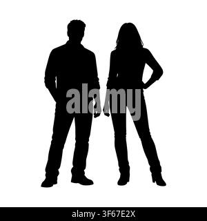 Una silhouette vettoriale nera mostra un uomo e una donna in piedi insieme. L'ambientazione è neutra senza uno sfondo o dettagli specifici. Appaiono fianco a fianco in una posizione casuale. Illustrazione Vettoriale