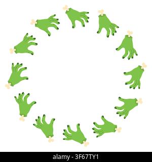 Mani verdi zombie cornice rotonda isolata su sfondo bianco. Illustrazione vettoriale di bordo di ghirlanda di braccia di mostro carino e inquietante per design di Halloween Illustrazione Vettoriale