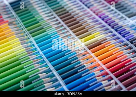 Una vista grandangolare e dall'alto di una grande serie professionale di matite colorate ordinate in una custodia di plastica trasparente. Lo spettro vivace dell'arcobaleno Foto Stock