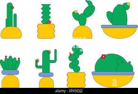 Illustrazione vettoriale isolata di cactus geometrici e succulente in vasi colorati con design piatto Illustrazione Vettoriale