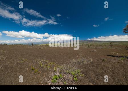 Catturato dall'Uekahuna Overlook all'interno del Parco Nazionale dei Vulcani delle Hawaii, questa veduta mostra il vasto e dinamico paesaggio che circonda Kīlauea Foto Stock