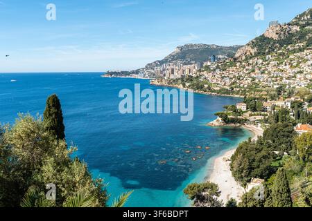 Vista su Monaco e la costa della Costa Azzurra da Roquebrune-Cap-Martin Foto Stock