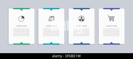 Modello di infografica con quattro opzioni di carte rettangolari banner passaggi progettazione processo aziendale flusso di lavoro. Illustrazione Vettoriale
