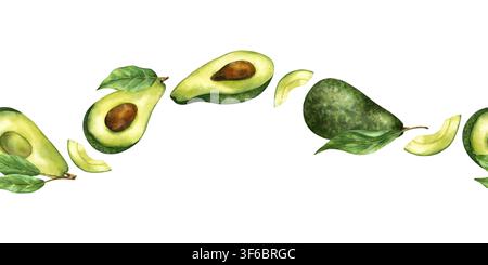 Bordo avocado dipinto a mano. Motivo ondulato orizzontale acquerellato senza cuciture con frutta tropicale, metà tagliate, foglie verdi, fette. Illustrazioni isolate Foto Stock