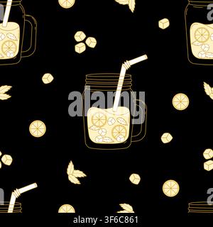 Modello senza cuciture con acqua detox agli agrumi. Contorno di barattoli Mason con limonata su sfondo nero con cubetti di ghiaccio, fette di limone e foglie di menta. Goccia di vetro fresco Illustrazione Vettoriale