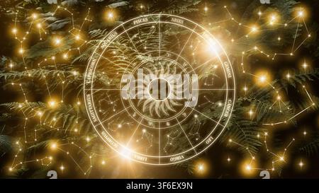 Display dei segni zodiacali su uno sfondo scuro con stelle e costellazioni che evidenziano ogni segno Foto Stock