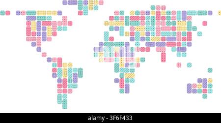 Mappa del mondo a mosaico di blocchi pixel medi tipo zucchero filato in toni rosa morbidi disposti in un motivo geometrico a griglia per decorazione da parete, stampa poster e arredamento casa Illustrazione Vettoriale