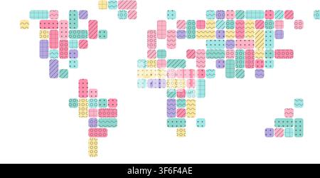 Mappa del mondo in mosaico di blocchi pixel audaci color zucchero filato in tonalità rosa morbide, disposti in un motivo geometrico a griglia per stampa di poster per decorazione murale e arredamento domestico Illustrazione Vettoriale