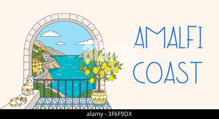 Illustrazione della costiera amalfitana con un gatto seduto su un balcone che si affaccia sul mare. Paesaggio di viaggio estivo con un albero di limone in vaso. Architettura italiana Illustrazione Vettoriale
