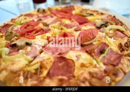 Primo piano di una pizza appena sfornata con formaggio fuso, fette di prosciutto, funghi, pomodori freschi e peperoni verdi su un piatto bianco. Foto Stock