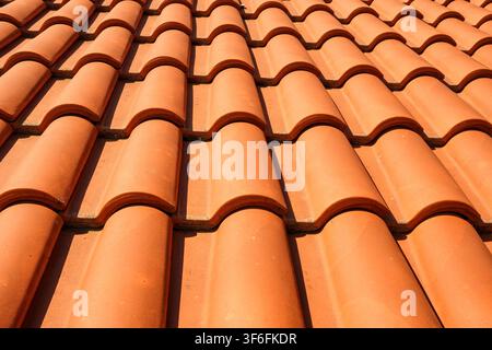 Texture ravvicinata di tegole di terracotta rosse ripetute disposte a file sotto la luce del sole. Foto Stock