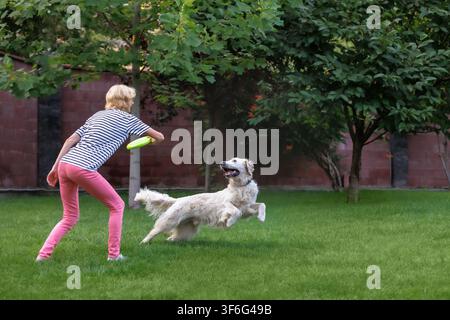 Donna che gioca a prendere con un Golden Retriever in un giardino verde, lanciando un giocattolo a disco volante mentre il cane felice corre per prenderlo, attività all'aperto gioiosa Foto Stock