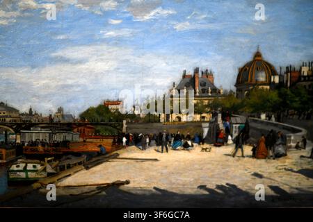 Dipinto prima che Renoir abbracciasse pienamente l’impressionismo, Pont des Arts, Parigi raffigura il vivace molo lungo la Senna con l’Istituto di Francia in ba Foto Stock