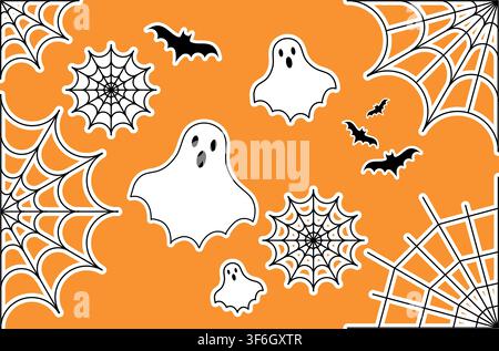 Grande serie di silhouette di Halloween su sfondo arancione. Illustrazione vettoriale. Illustrazione Vettoriale