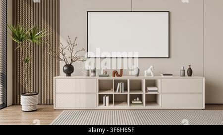 Interno di soggiorno residenziale moderno con un'unità parete TV in legno contemporanea, layout minimalista pulito e una TV LED elegante montata a parete. Foto Stock