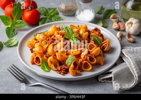 Pasta italiana Pipe Rigate con salsa bolognese e foglie di basilico fresco - Manti makarna Foto Stock