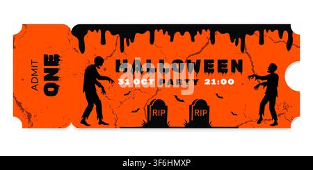 Biglietto d'invito per festa di Halloween con silhouette di zombie e lapide. Biglietto d'ingresso arancione spettrale per evento di ottobre. Design piatto festoso. Illustrazione Vettoriale