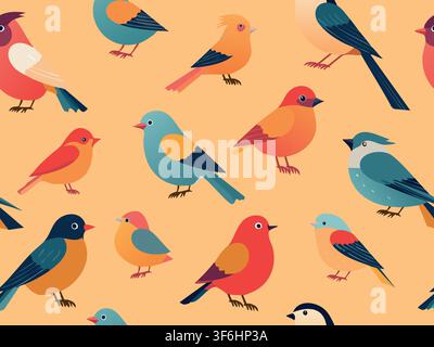 Modello senza cuciture di uccelli carini e colorati in vettore. Sfondi Illustrazione Vettoriale