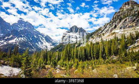 Vista panoramica della catena montuosa Teton dal panoramico sentiero di Cascade Canyon nel Grand Teton National Park Foto Stock