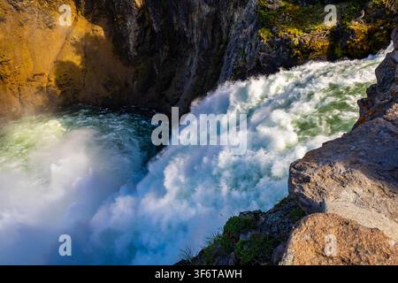 Le Upper Falls si gettano nel Grand Canyon dello Yellowstone, circondate da scogliere frastagliate e da una foresta sempre verde Foto Stock