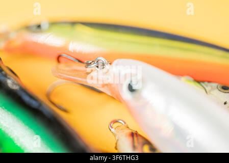 Prima vista di un anello diviso metallico e di una labbra trasparente su un esca sintetica colorata Foto Stock