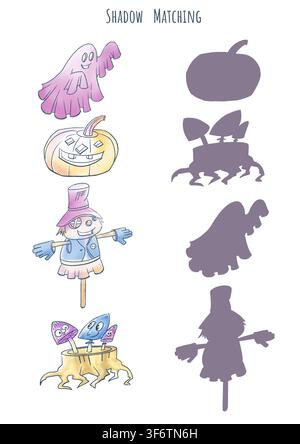 Foglio di lavoro per il gioco di abbinamento delle ombre di Halloween per bambini. La pagina di attività educativa presenta un simpatico fantasma in cartone animato, una zucca, uno spaventapasseri e funghi da trovare Foto Stock