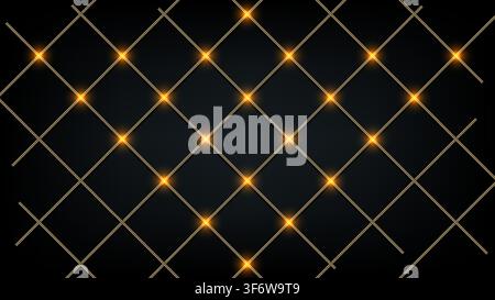 sfondo astratto con linee diagonali dorate a griglia e luci arancioni luminose su sfondo scuro per eventi di lusso moderni e media digitali Illustrazione Vettoriale