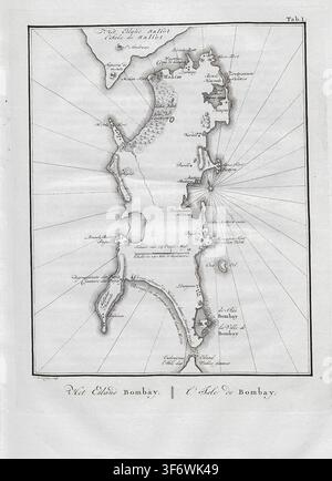 Cartografia storica che illustra la geografia antica di Bombay, dettagliando le caratteristiche dell'isola, i corsi d'acqua e gli insediamenti, con particolare attenzione alla sua importanza coloniale e al porto. da Reize naar Arabie?? en andere omliggende landen [Viaggi in Arabia e altri paesi circostanti] di Niebuhr, Carsten, 1733-1815; Baalde, Steven Jacobus (Amsterdam) stampa; Schoonhoven, Johannes van (Utrecht) stampa; Wild, Bartholomeus (Utrecht) stampa; Besseling, Johan Joseph (Utrecht) stampa Data di pubblicazione 1776 Foto Stock