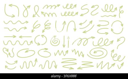 Vettori di frecce doodle disegnati a mano in verde chiaro con anelli, spirali, curve e indicatori. Perfetti per il branding ecologico, gli elementi di interfaccia utente e Illustrazione Vettoriale