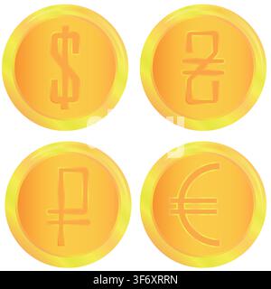Set di monete d'oro. Diverse varianti di icone di monete finanziarie. Illustrazione Vettoriale