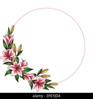 Illustrazione botanica di una collezione di fiori di giglio isolati su sfondo bianco. Elementi floreali disegnati a mano come clipart per inviti di matrimonio, compleanni Foto Stock