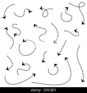 Set frecce e segnali di direzione in stile piatto. Freccia tratteggiata vettoriale nera disegnata a mano su sfondo bianco. isolato. Illustrazione Vettoriale