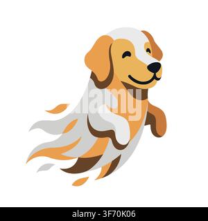 Illustrazione vettoriale fantasiosa di un cane fantasma carino, uno spirito amichevole di Golden retriever che galleggia nell'aria. sfondo bianco isolato Illustrazione Vettoriale